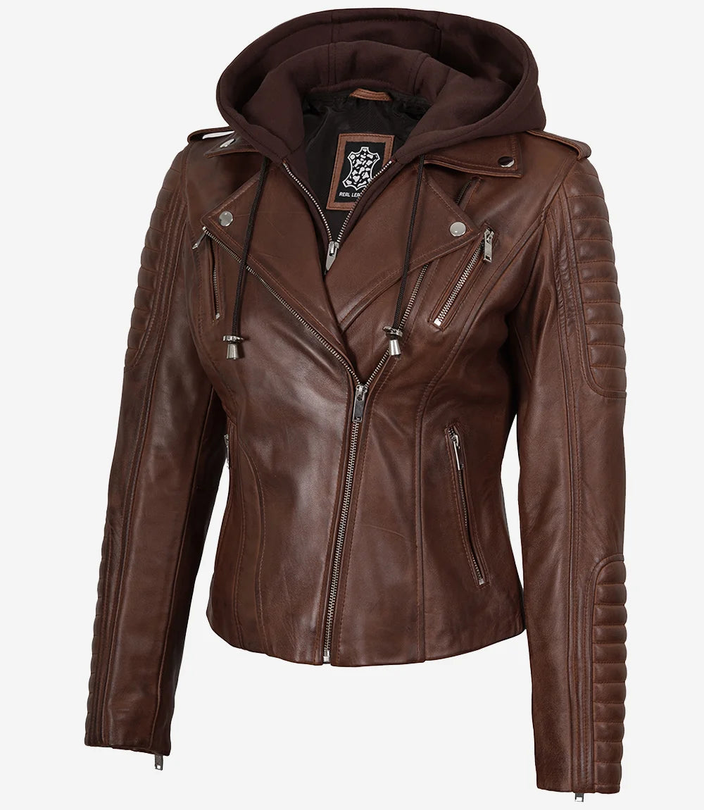 Women's Cognac Biker Style Leather Jacket with Removable Hood