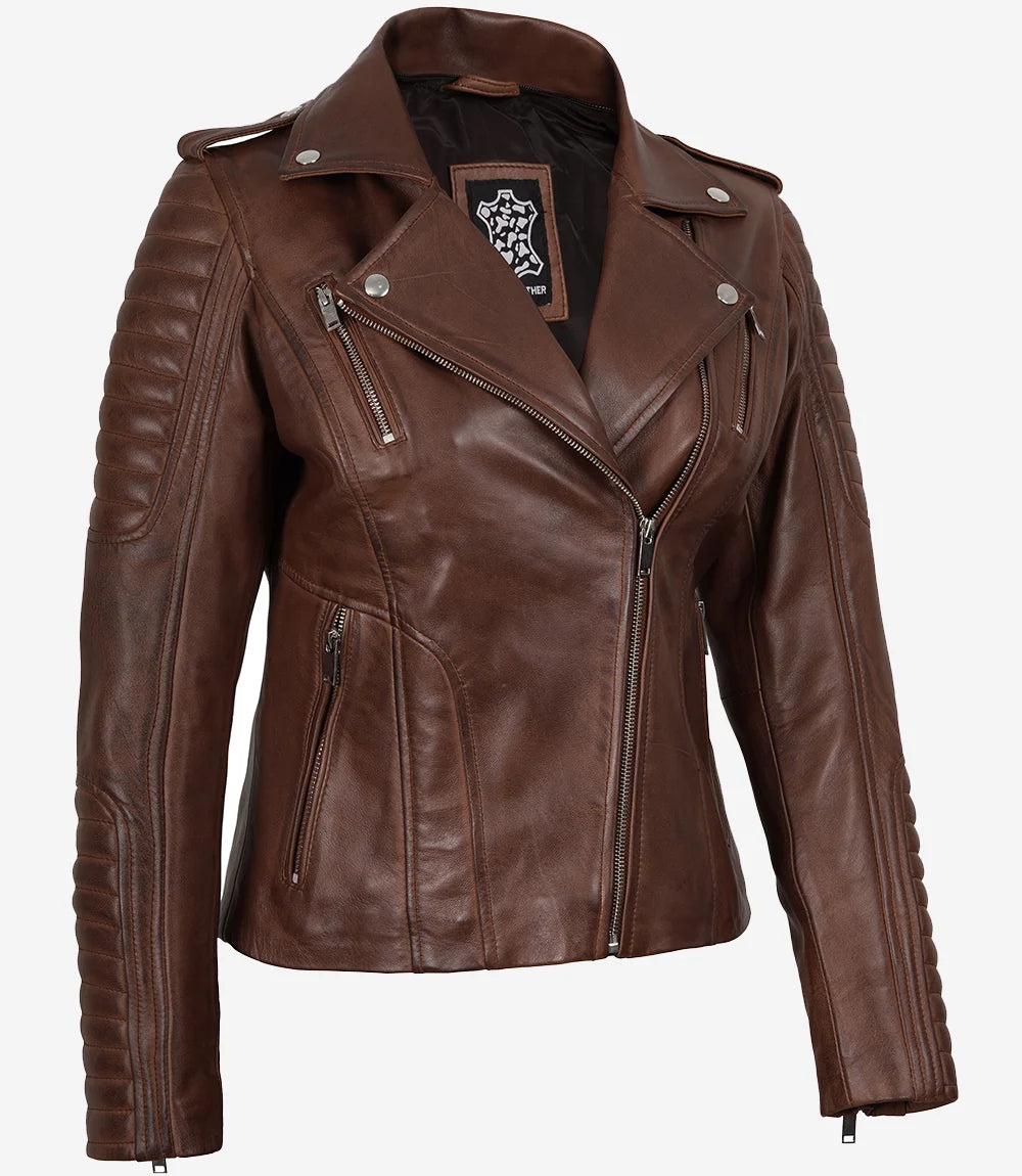 Women's Cognac Biker Style Leather Jacket with Removable Hood