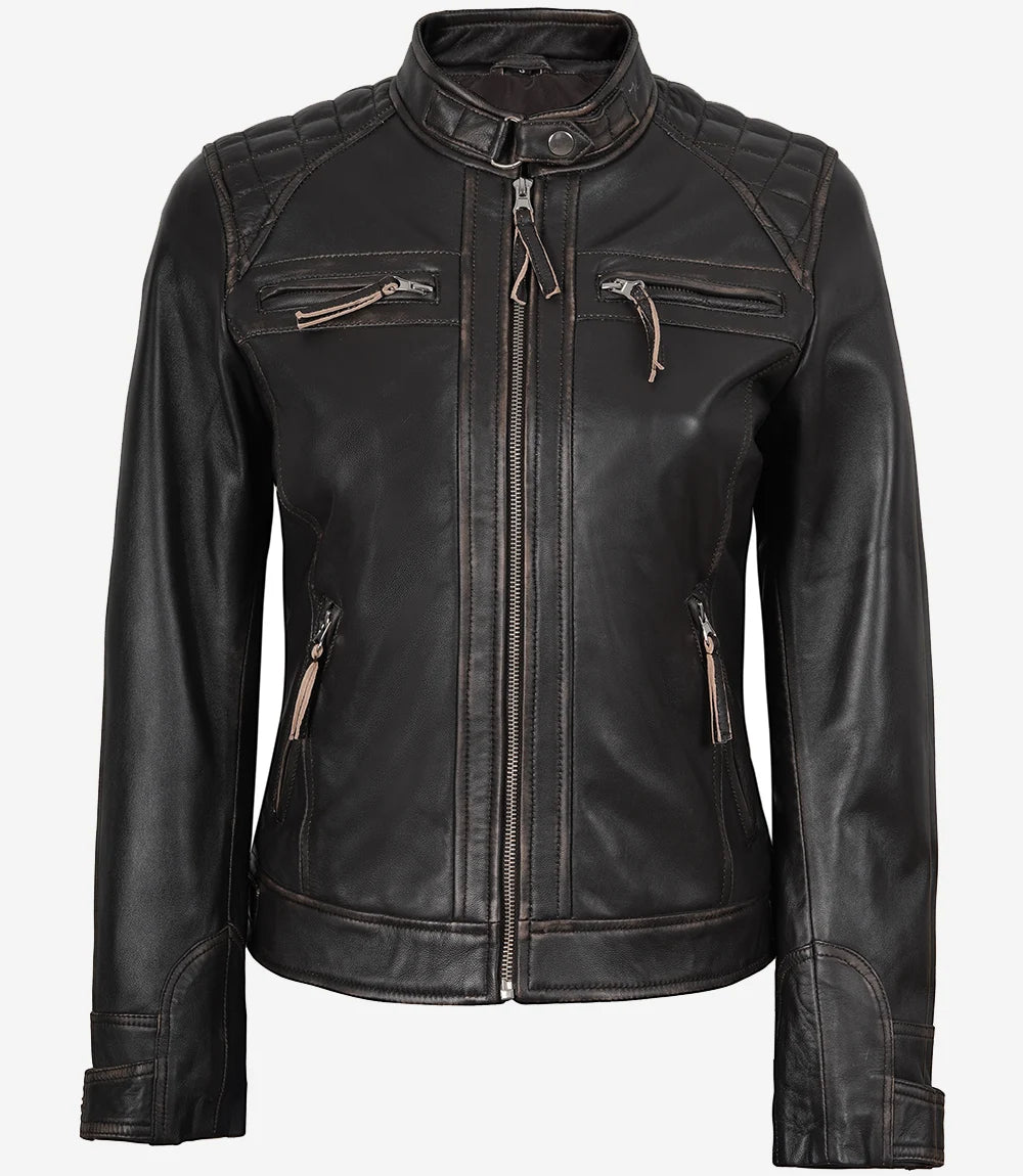 Women's Quilted Distressed Brown Real Lambskin Leather Biker Style Jacket