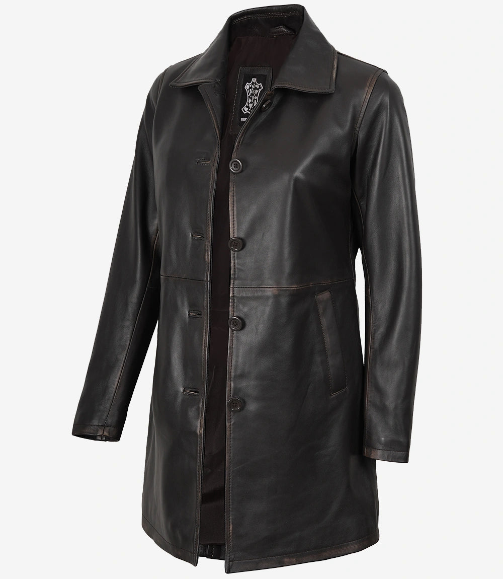 Women's Real Leather Distressed Brown 3/4 Length Coat