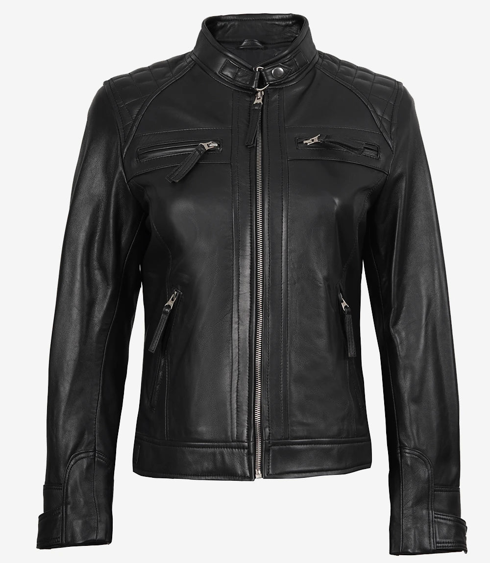 Womens Petite Black Quilted Biker Style Leather Jacket