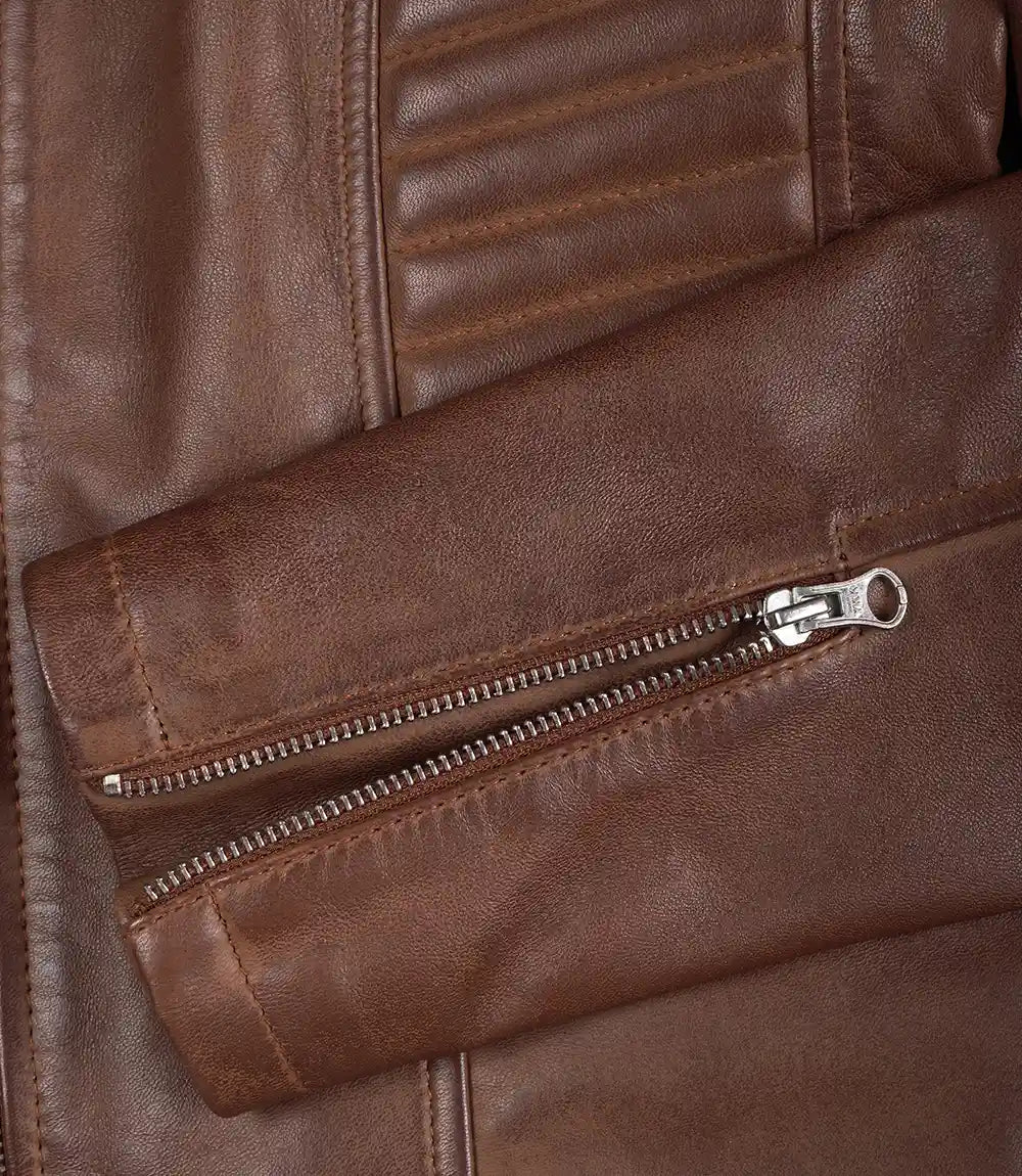 Womens Real Leather Cognac Waxed Biker Style Jacket