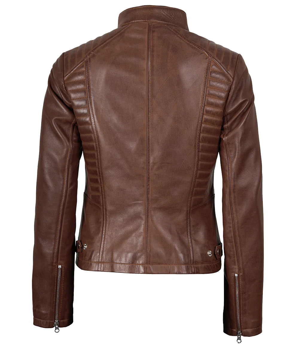 Womens Real Leather Cognac Waxed Biker Style Jacket