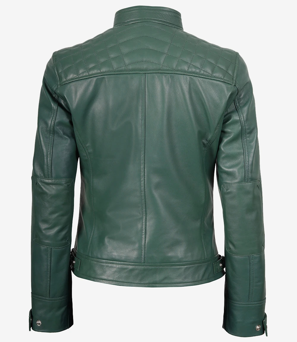 Womens Real Leather Green Biker Style Jacket - Quilted Shoulder