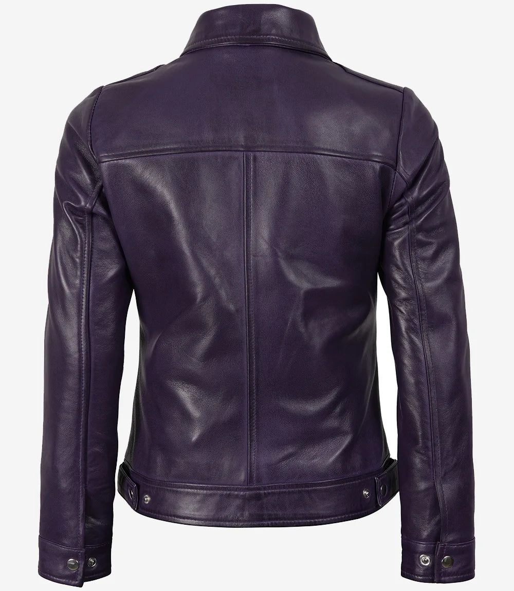 Womens Shirt Collar Purple Leather Jacket