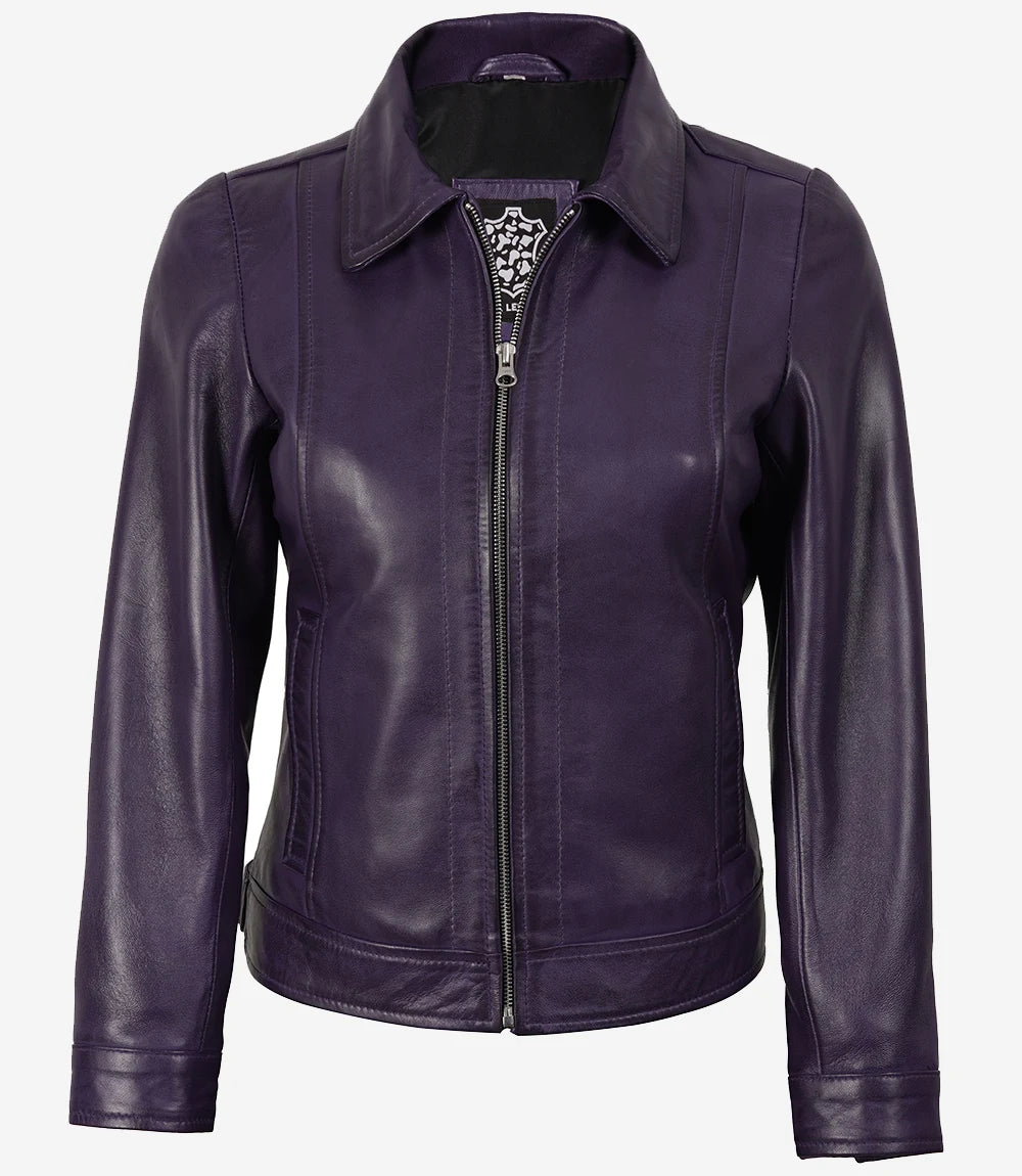 Womens Shirt Collar Purple Leather Jacket