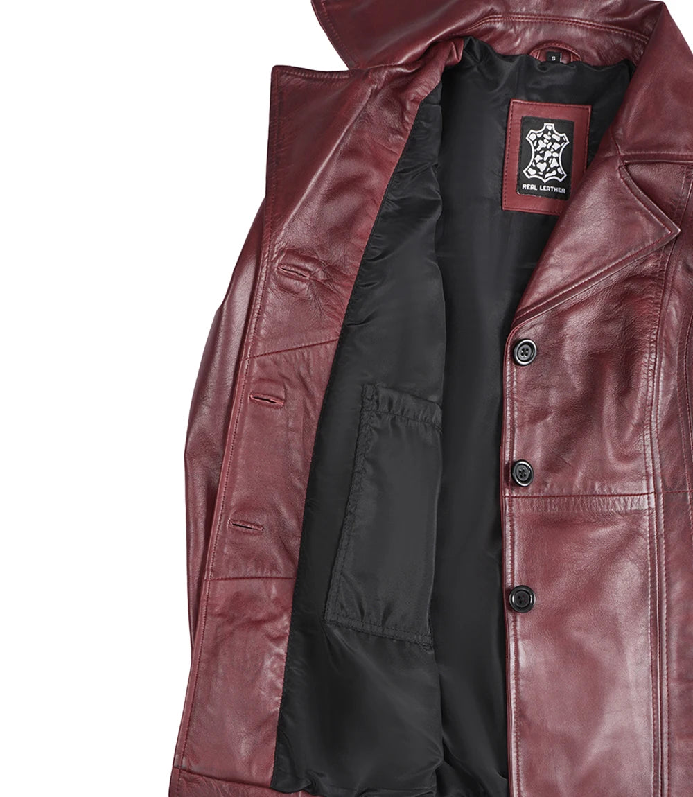 Womens Three Button Burgundy Leather Blazer