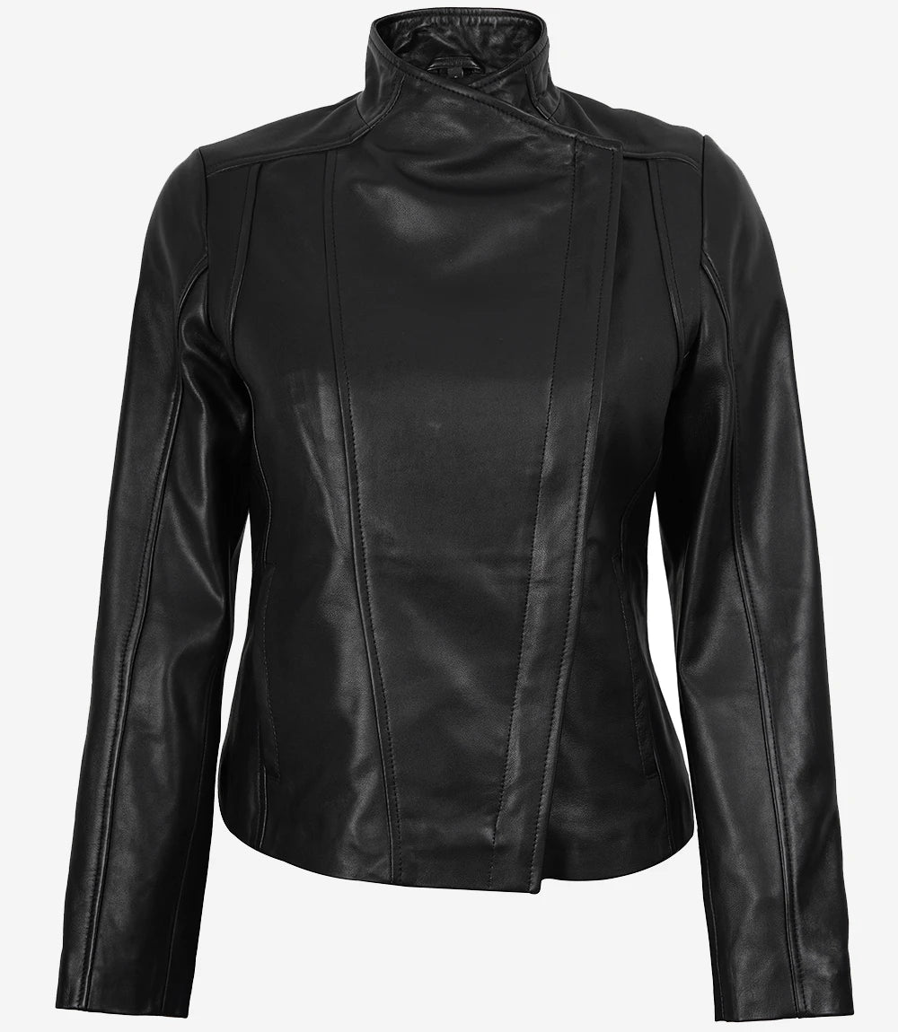 Arezoo Women's Black Real Leather Jacket with Asymmetrical Zip Closure