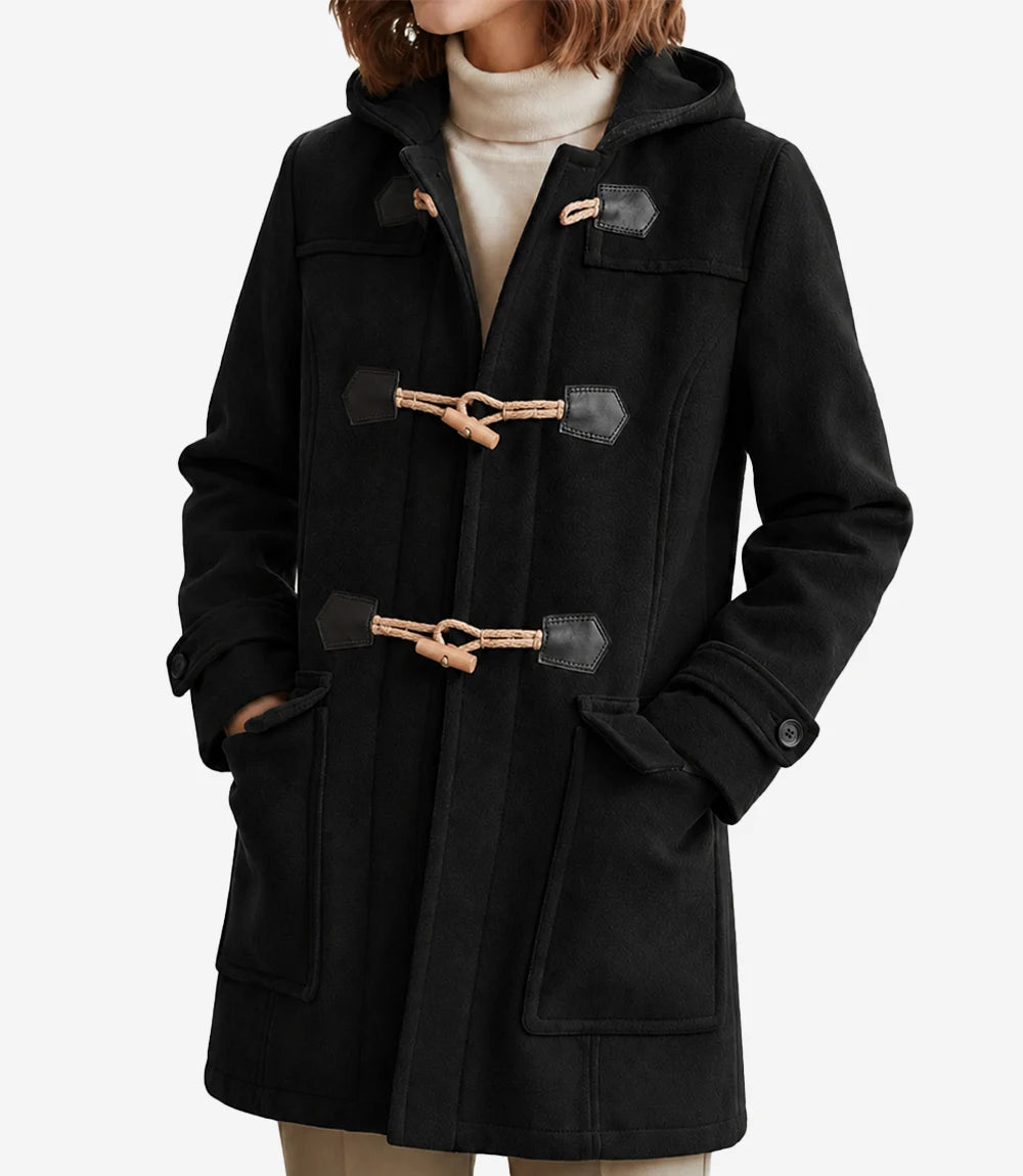 Suzanne Women’s Black Hooded Duffle Wool Coat - Black