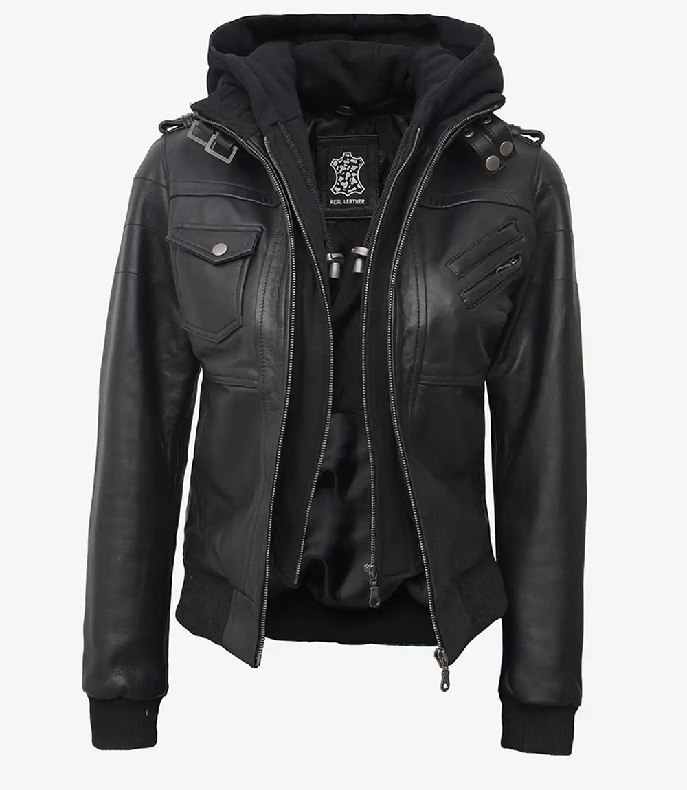 Womens Tall Black Hooded Bomber Leather Jacket