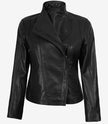 Arezoo Women's Black Real Leather Jacket with Asymmetrical Zip Closure