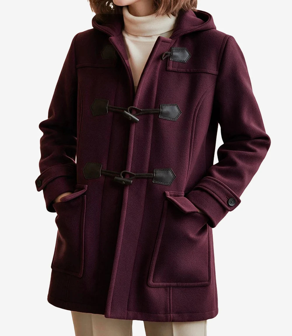 Suzanne Women’s Burgundy Hooded Duffle Wool Coat - Burgundy