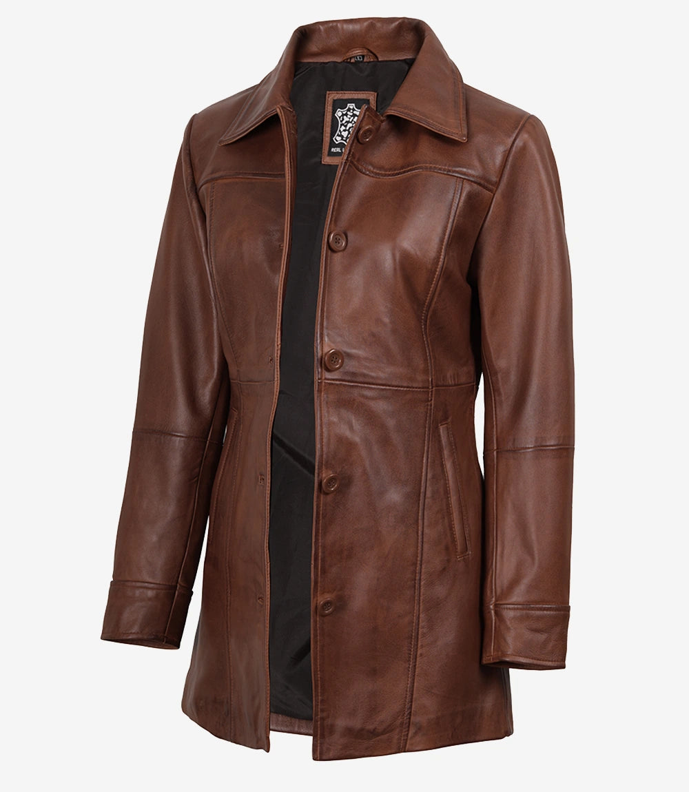 Womens Cognac 3 4 Length Leather Coat