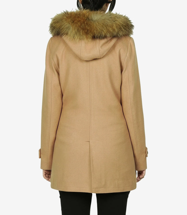 Women's Camel Brown Hooded Shearling Wool Duffle Coat