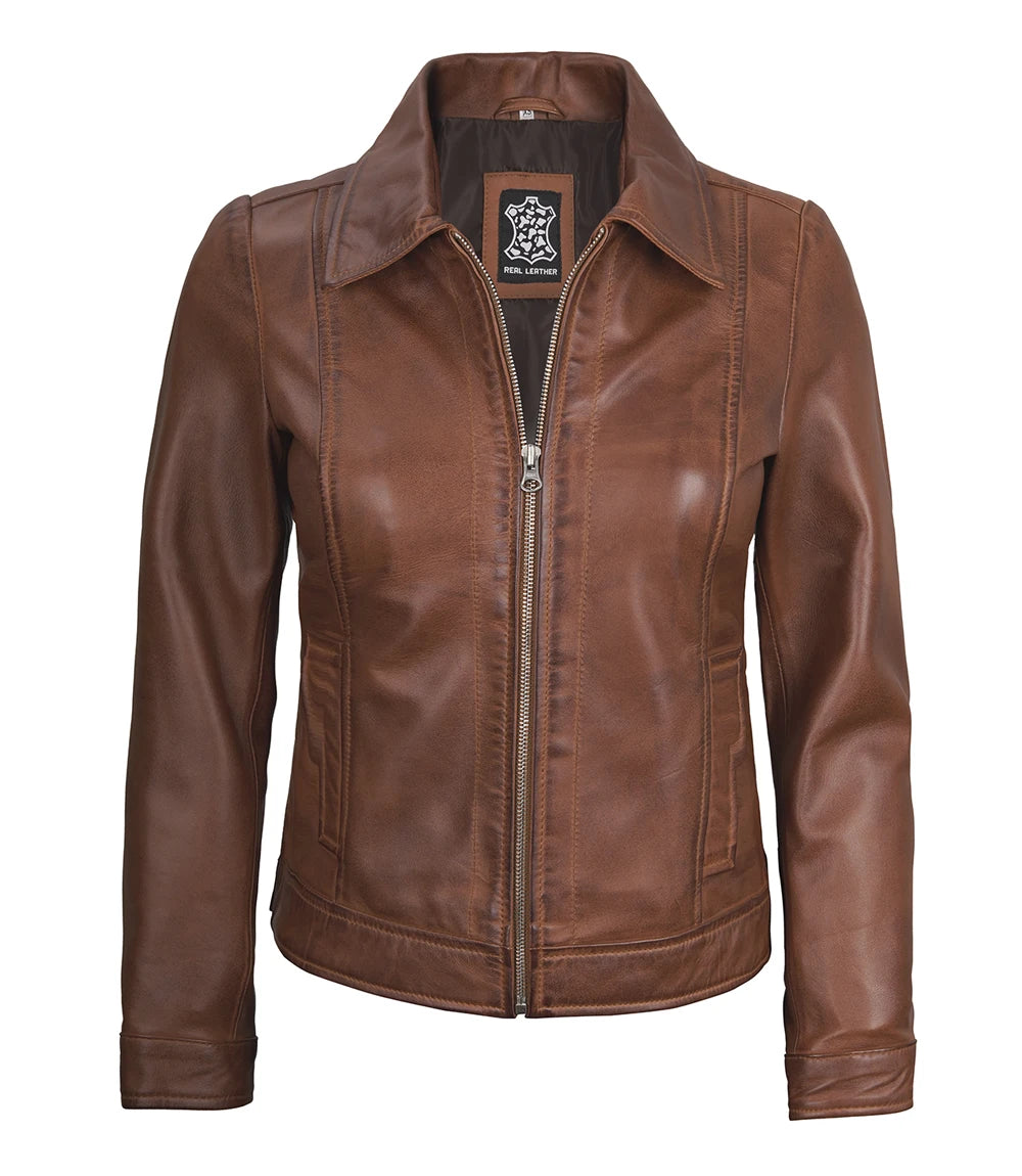 Womens Shirt Collar Cognac Leather Jacket