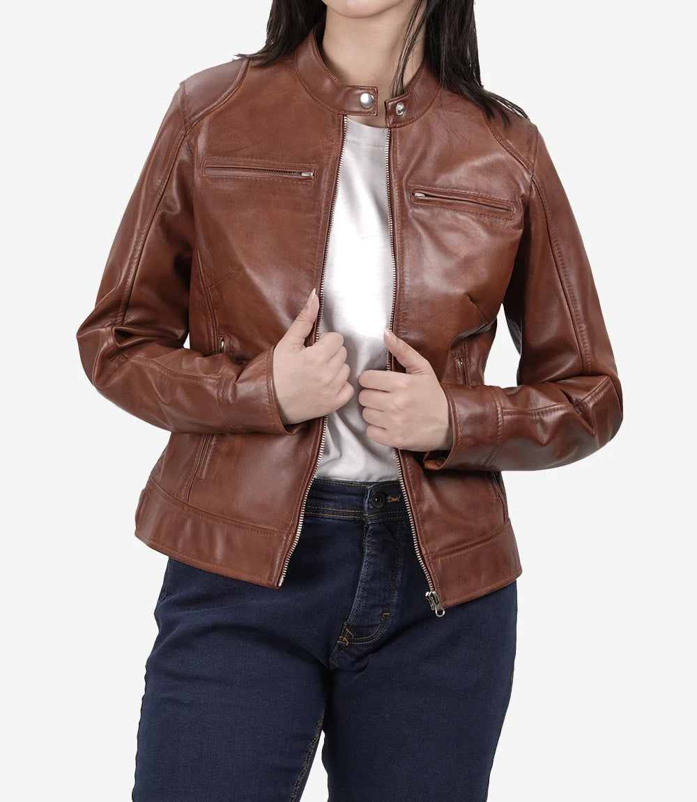 Womens Cognac Real Leather Moto Jacket