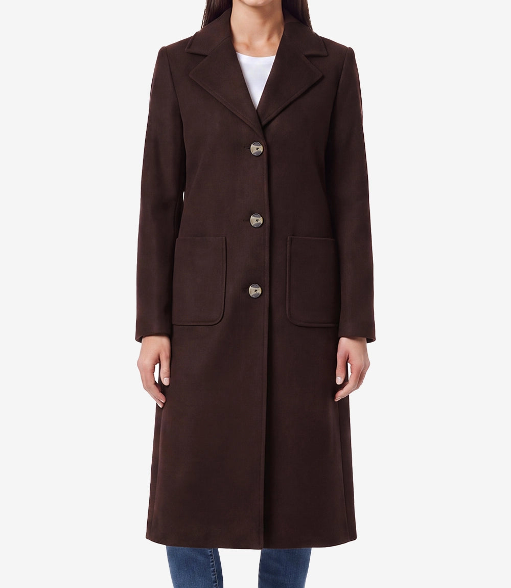 Womens Brown Wool Blend Longline Coat – Single Breasted 3 Button - Brown - view 2