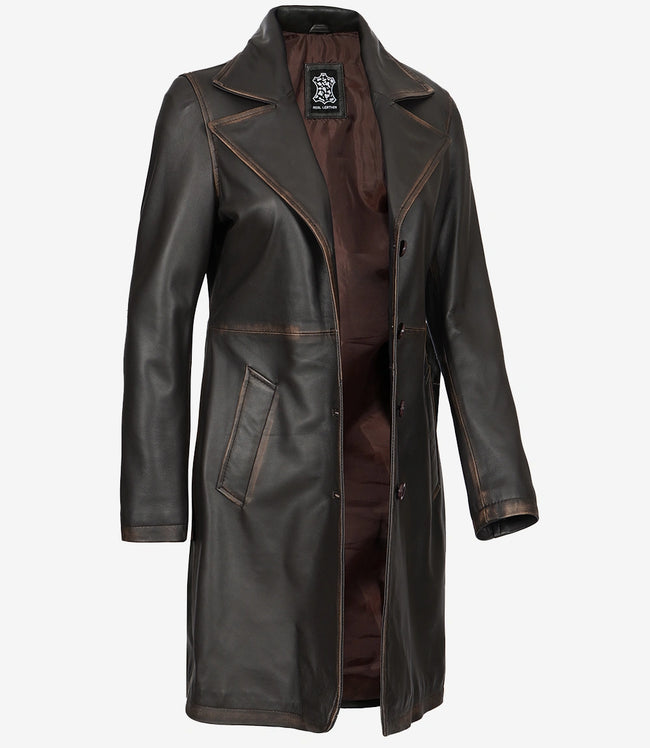 Women's Distressed Brown 3/4 Length Leather Coat