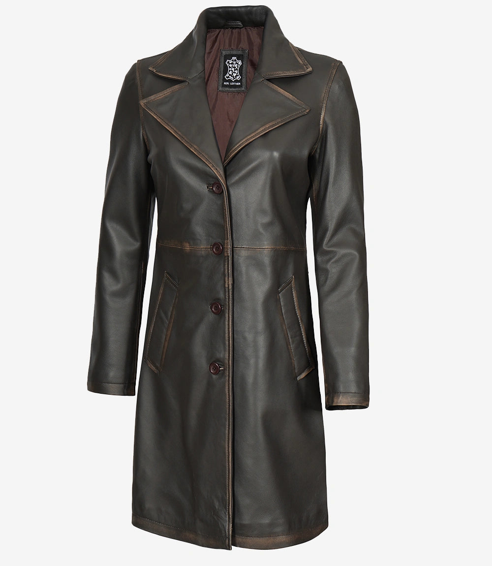 Women's Distressed Brown 3/4 Length Leather Coat