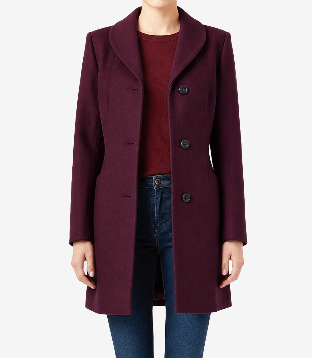 Barbara Women's Mid Length Burgundy Wool Coat - Burgundy