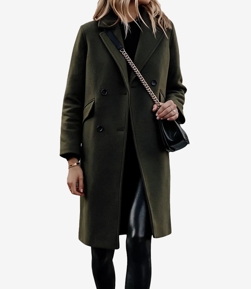 The Classicist: Women's Double-Breasted Wool Coat in Olive Green - Olive Green
