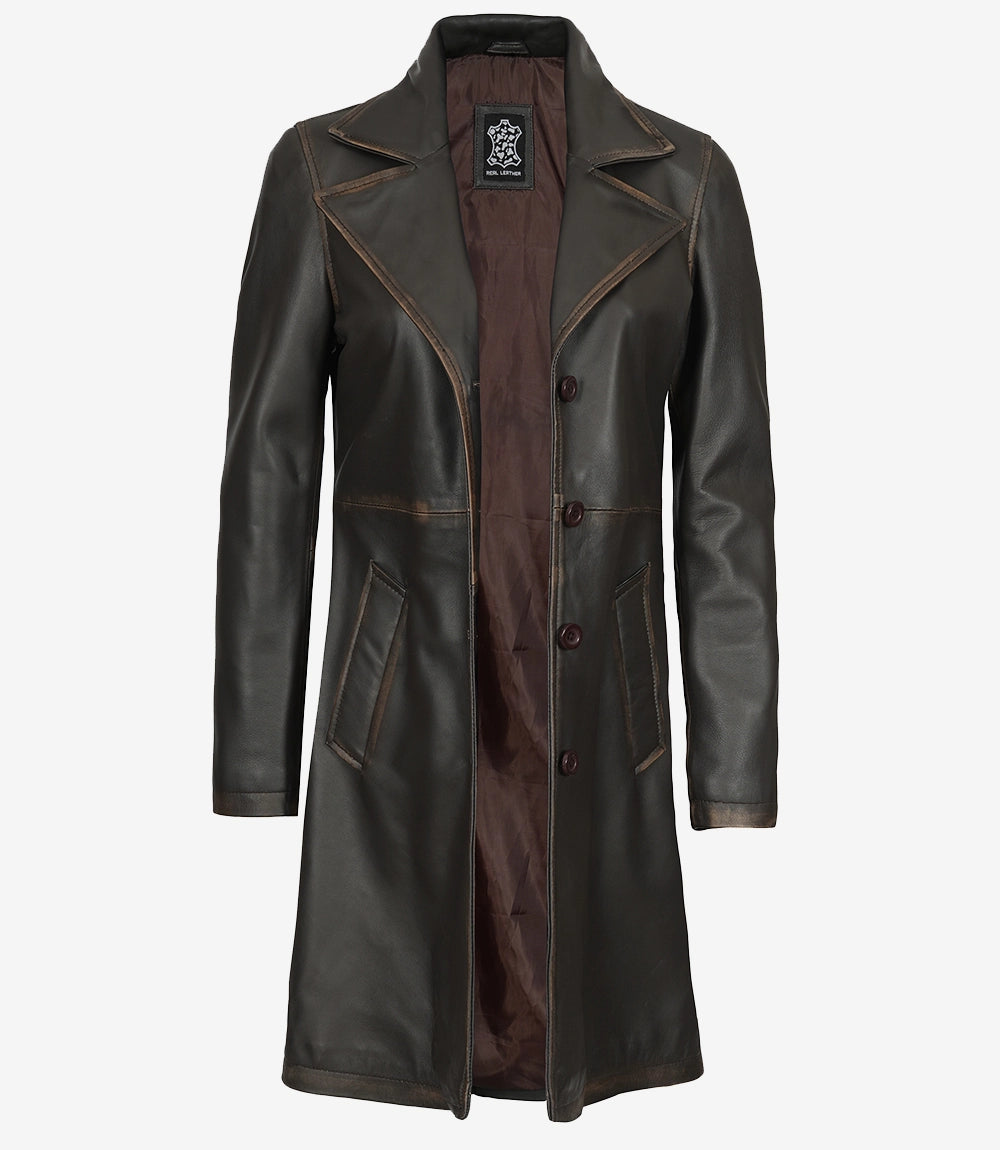 Women's Distressed Brown 3/4 Length Leather Coat