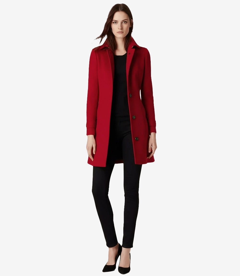 Women's Single Breasted Red Wool Coat - 3/4 Length