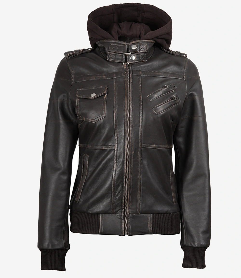 Womens Rub Off Brown Hooded Bomber Leather Jacket