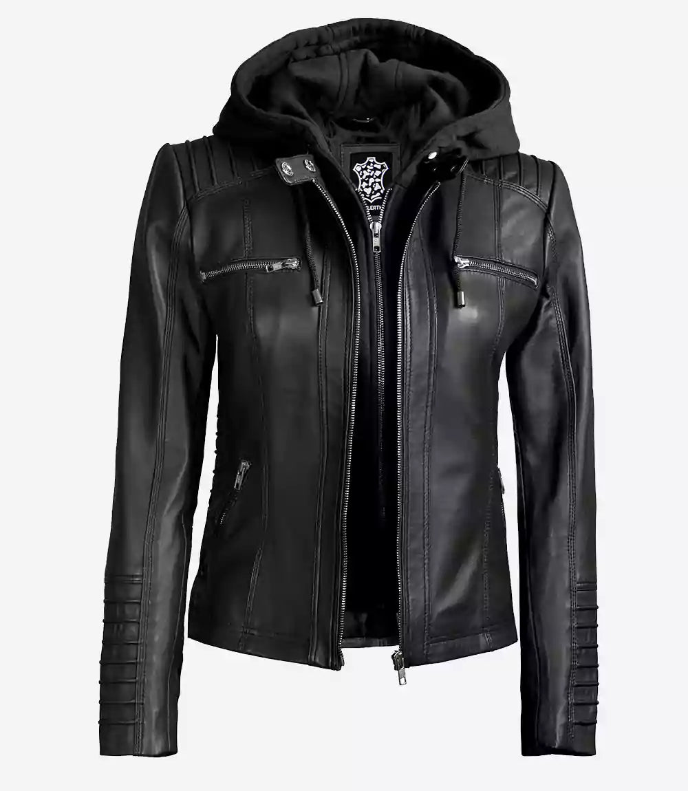 Womens Black Leather Jacket With Hood