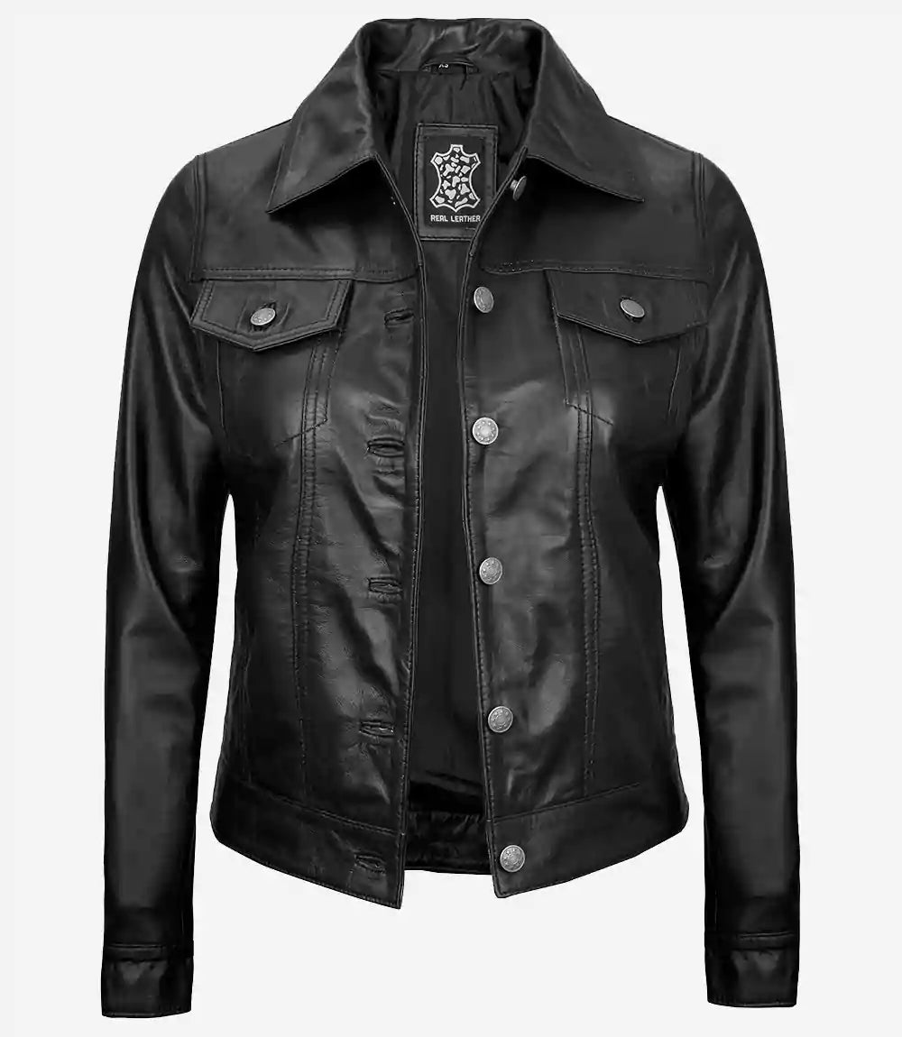 Womens Black Leather Trucker Jacket