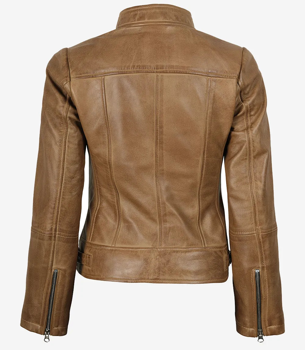 Amy Womens Camel Brown Biker Style Leather Jacket