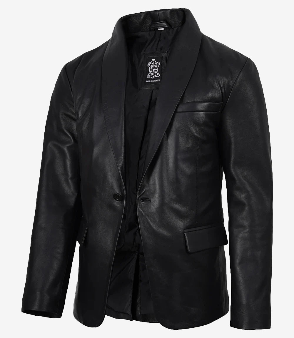 Men's Single Button Black Leather Blazer - Shawl Lapel
