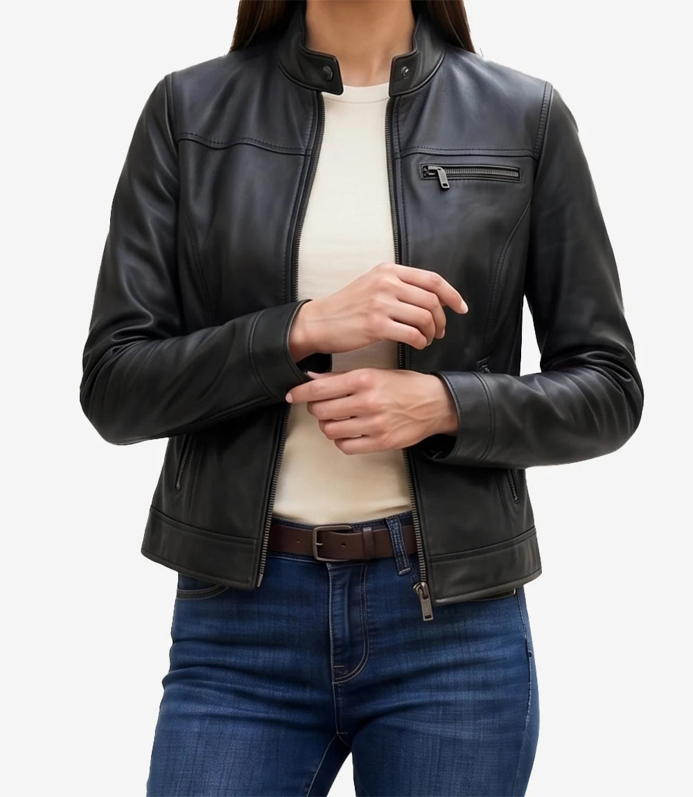 Women's Black Lambskin Biker Style Leather Jacket