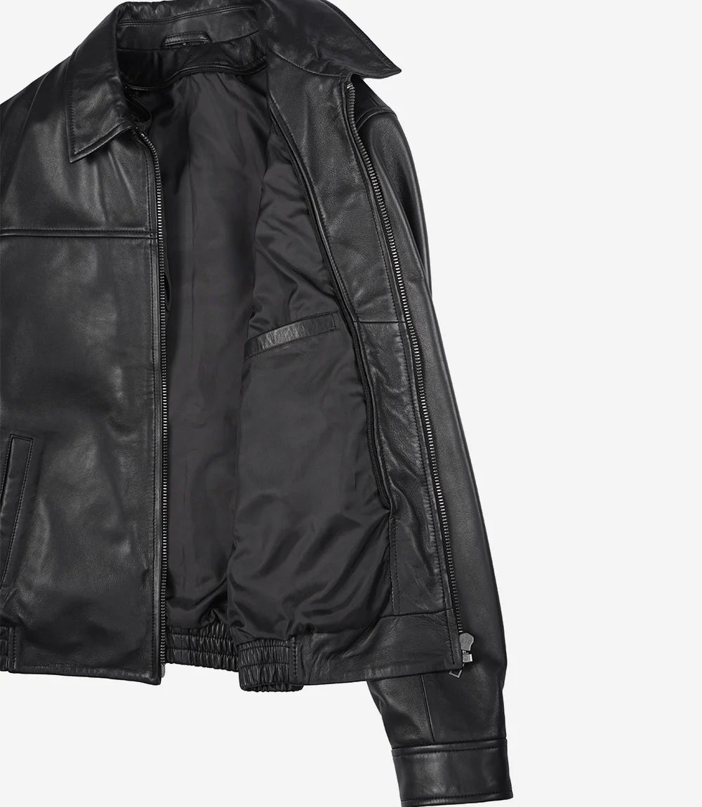 Carlton Men's Black Shirt Collar Bomber Leather Jacket