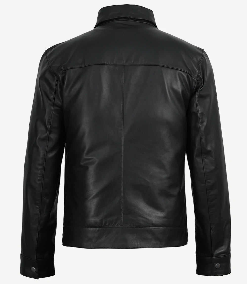 Michael Men's Black Cowhide Leather Jacket with Shirt Collar