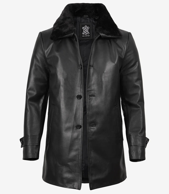 Men's Black Leather 3/4 Length Coat with Fur Collar