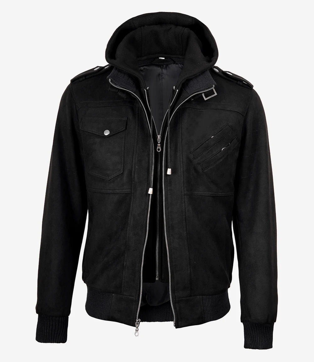 Men's Black Faux Suede Hooded Bomber Jacket