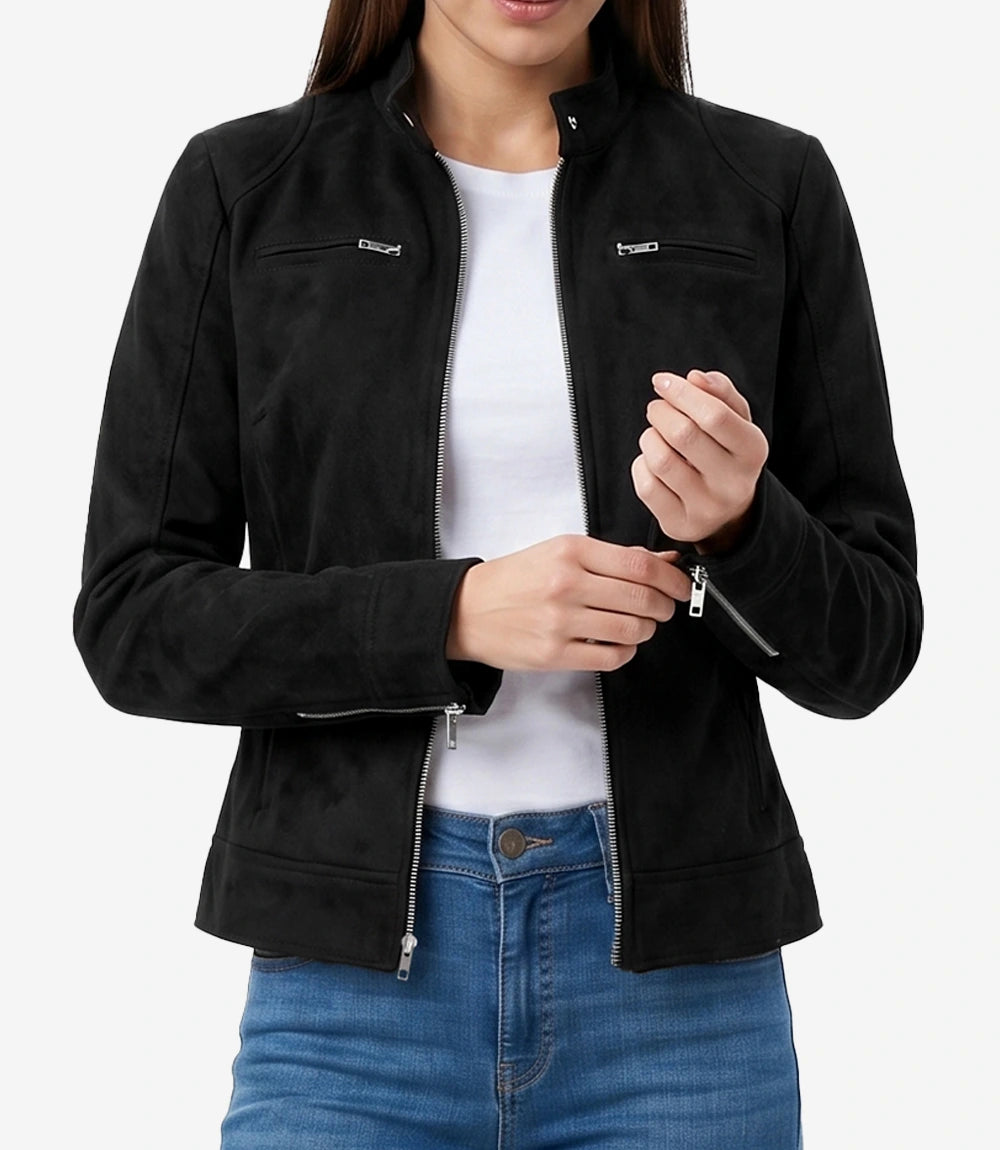 Women's Black Faux Suede Biker Style Jacket