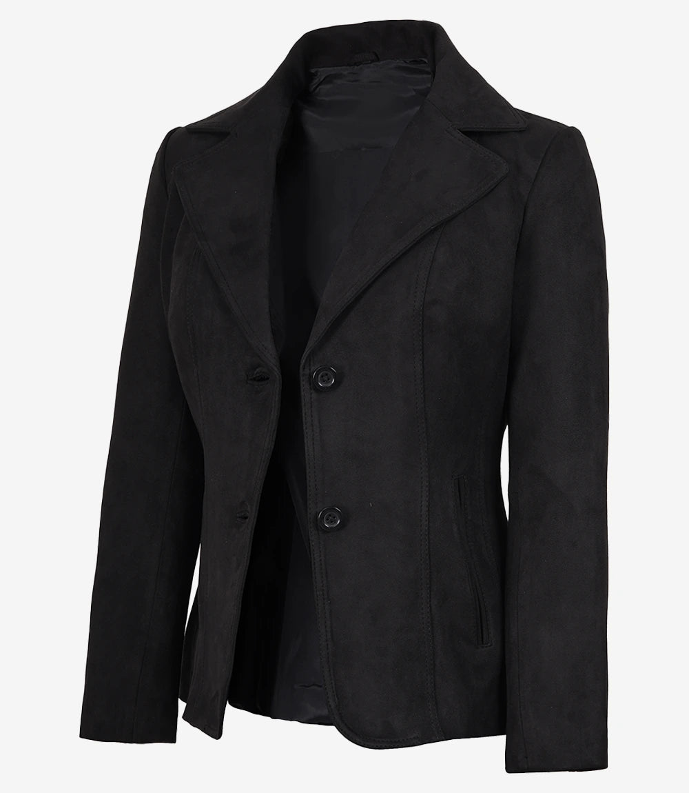 Women's Black Faux Suede Two-Button Closure Blazer
