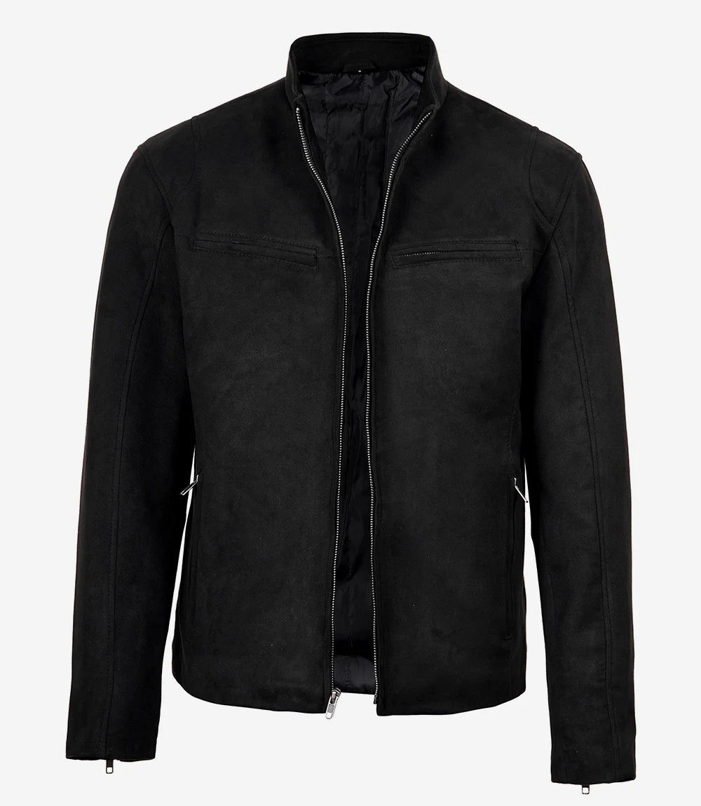 Men's Black Faux Suede Biker Style Jacket – Erect Collar Zip Closure