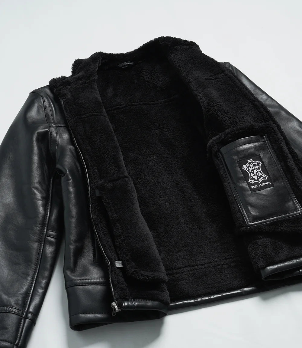 Men’s Black Real Lambskin Leather Jacket with Faux Shearling Lining