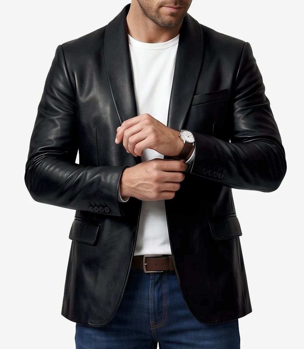 Men's Single Button Black Leather Blazer - Shawl Lapel