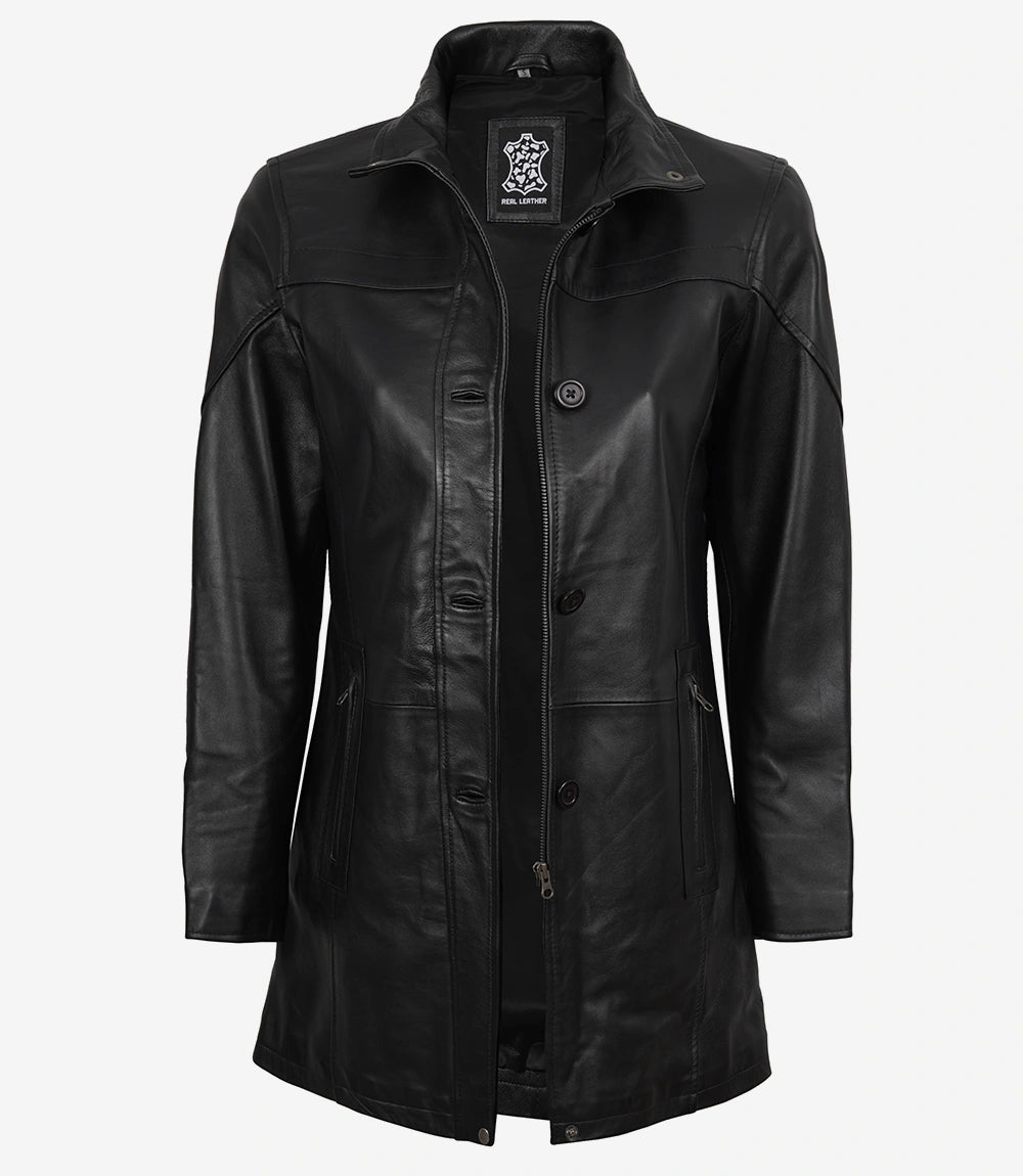 Bristol Womens Black Leather Car Coat - 3/4 Length