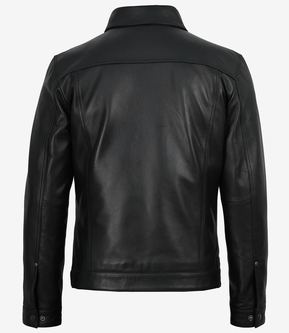 Men’s Premium Black Leather Shirt Jacket | Snap-Button Front