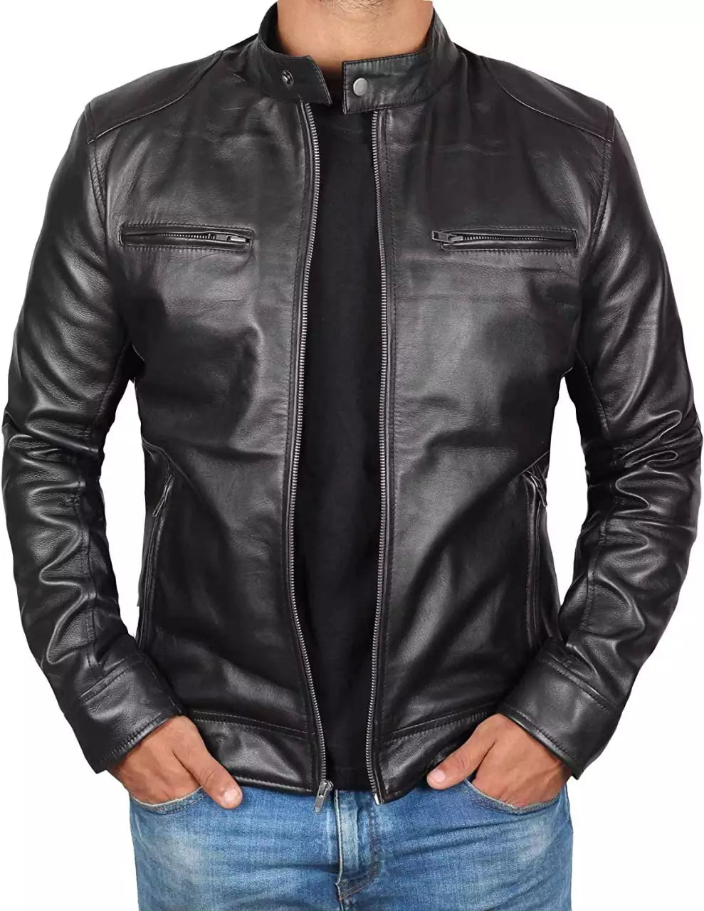 Mens Tall Black Leather Racer Jacket