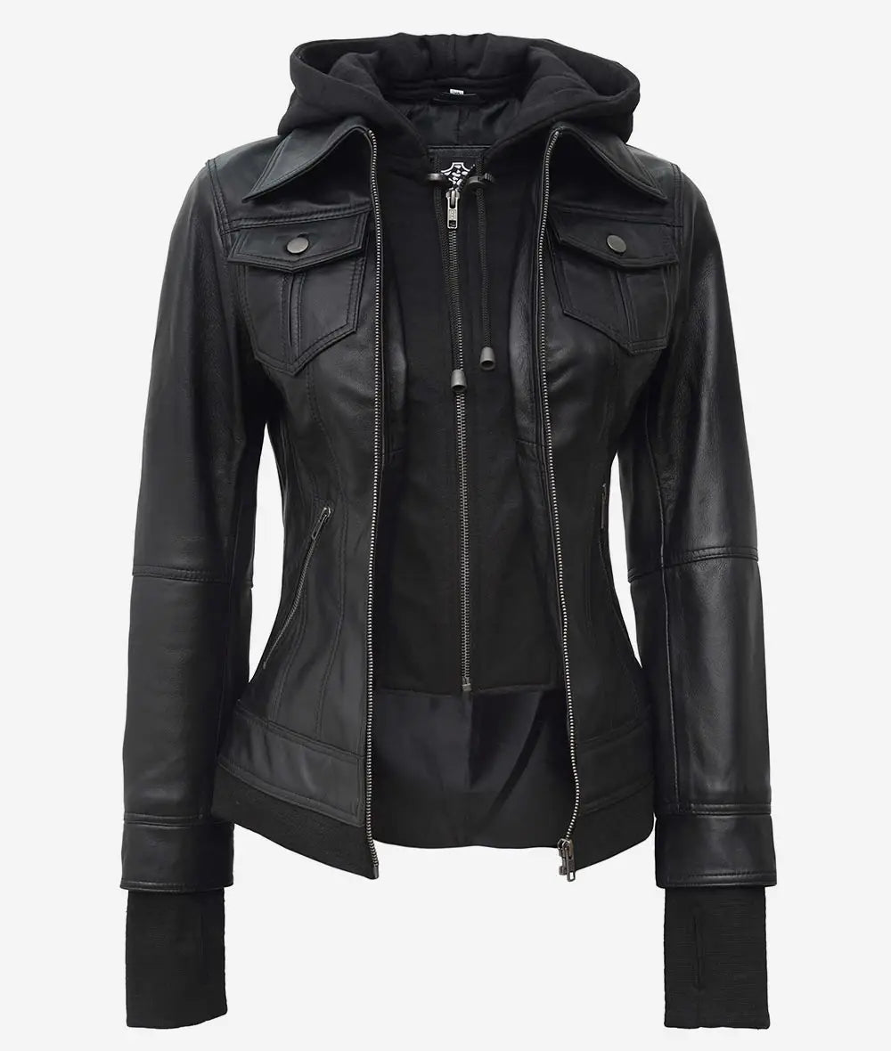 The Celeste: Womens Black Bomber Leather Jacket with Removable Hood