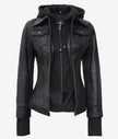 The Celeste: Womens Black Bomber Leather Jacket with Removable Hood