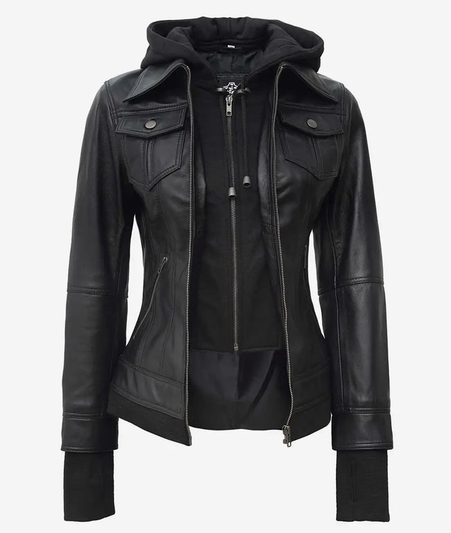 The Celeste: Womens Black Bomber Leather Jacket with Removable Hood