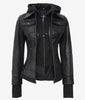 The Celeste: Womens Black Bomber Leather Jacket with Removable Hood