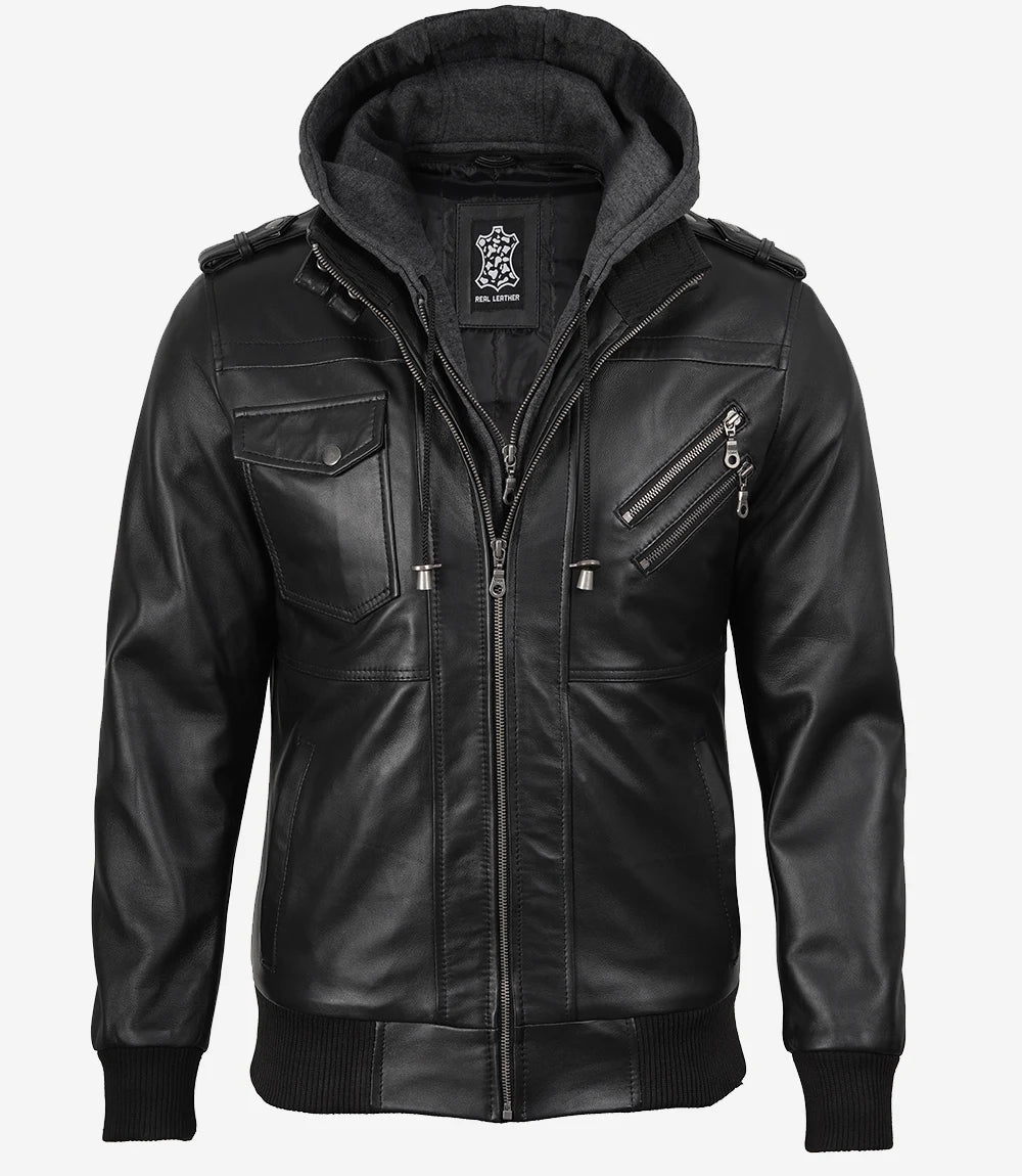 Men's Black Leather Jacket with Grey Removable Hood